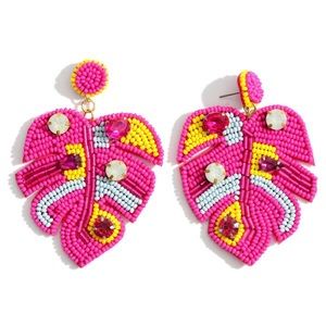 Pink Beaded Leaf Print Earrings Rhinestone